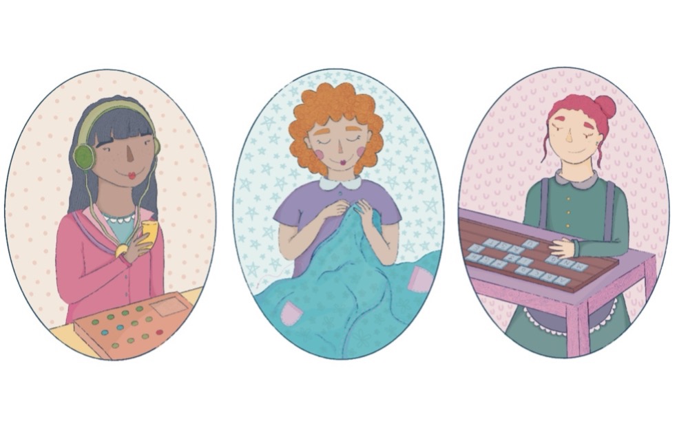 three images of three different girls in ovals - one listening to music, one sewing, and one playing a card game