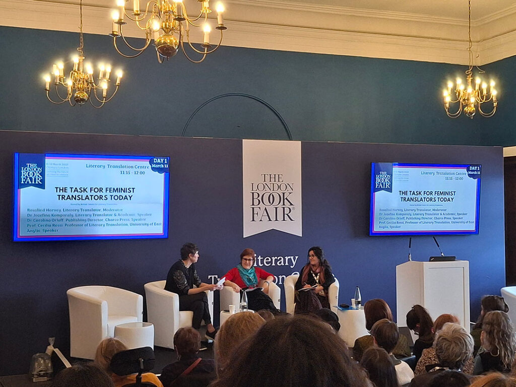 Our translation panel at the London Book Fair - translators sitting on the stage talking in front of an audience