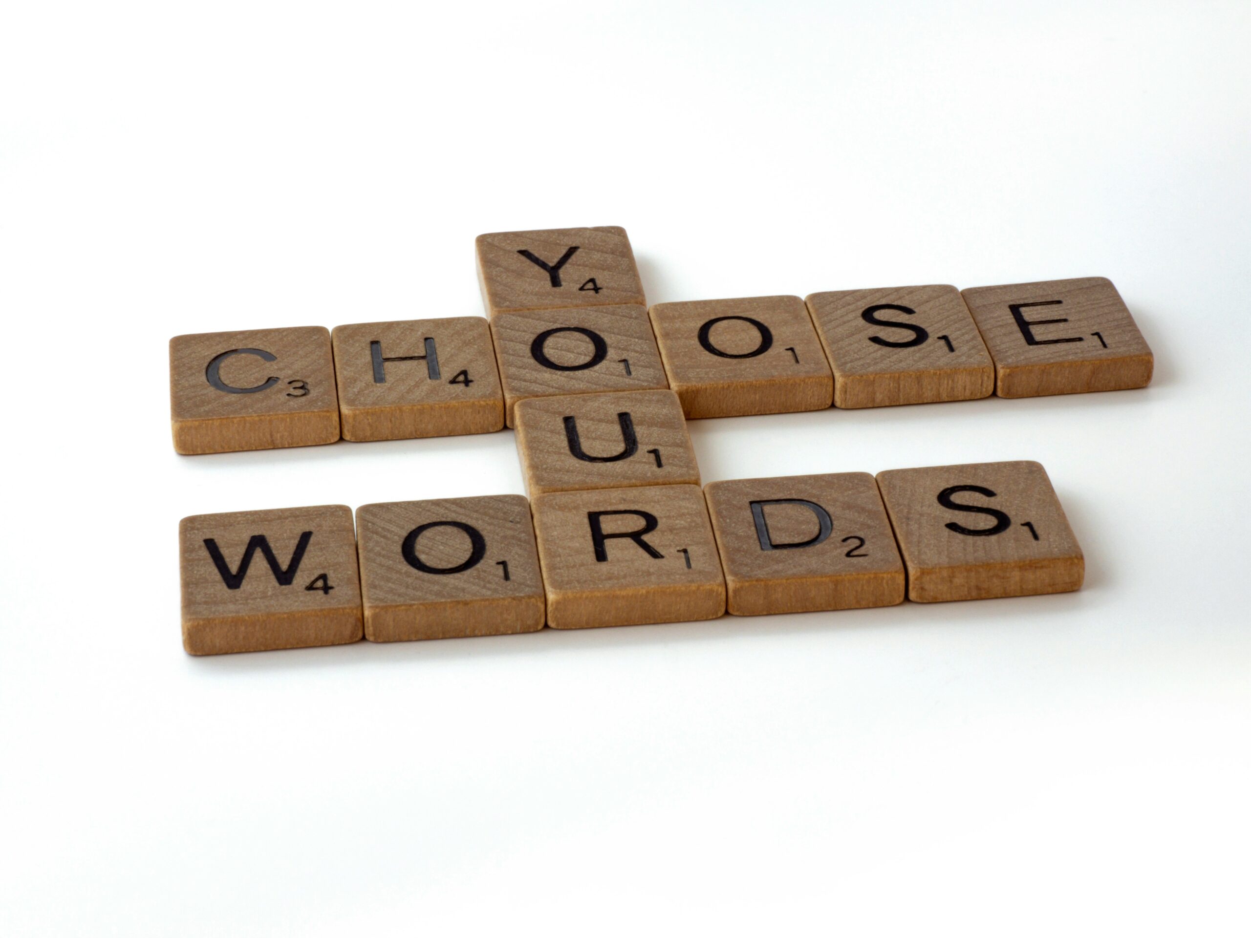 picture of scrabble tiles spelling out the words Choose your words