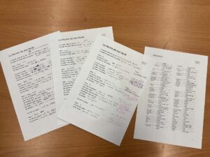 Worksheets from the workshop on La forme de ma foret with student annotations