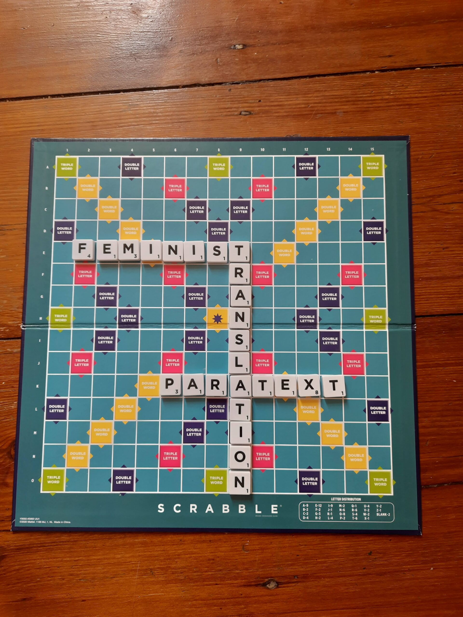 A scrabble board with the words Feminist, Translation, and Paratext spelled out in letters.