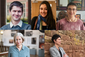 A montage of the five speakers for the Feminist Translation Network event - Peter Augur, Kavita Bhanot, Gabriela Saldanha, Elena Theodorakopoulos, Rosalind Harvey