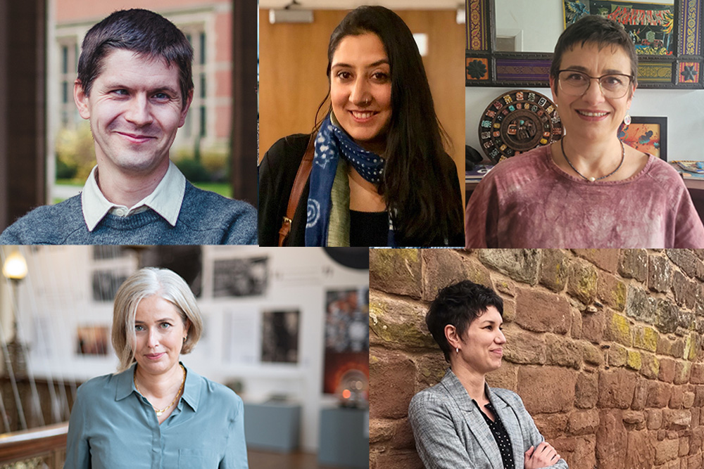 A montage of the five speakers for the Feminist Translation Network event - Peter Augur, Kavita Bhanot, Gabriela Saldanha, Elena Theodorakopoulos, Rosalind Harvey